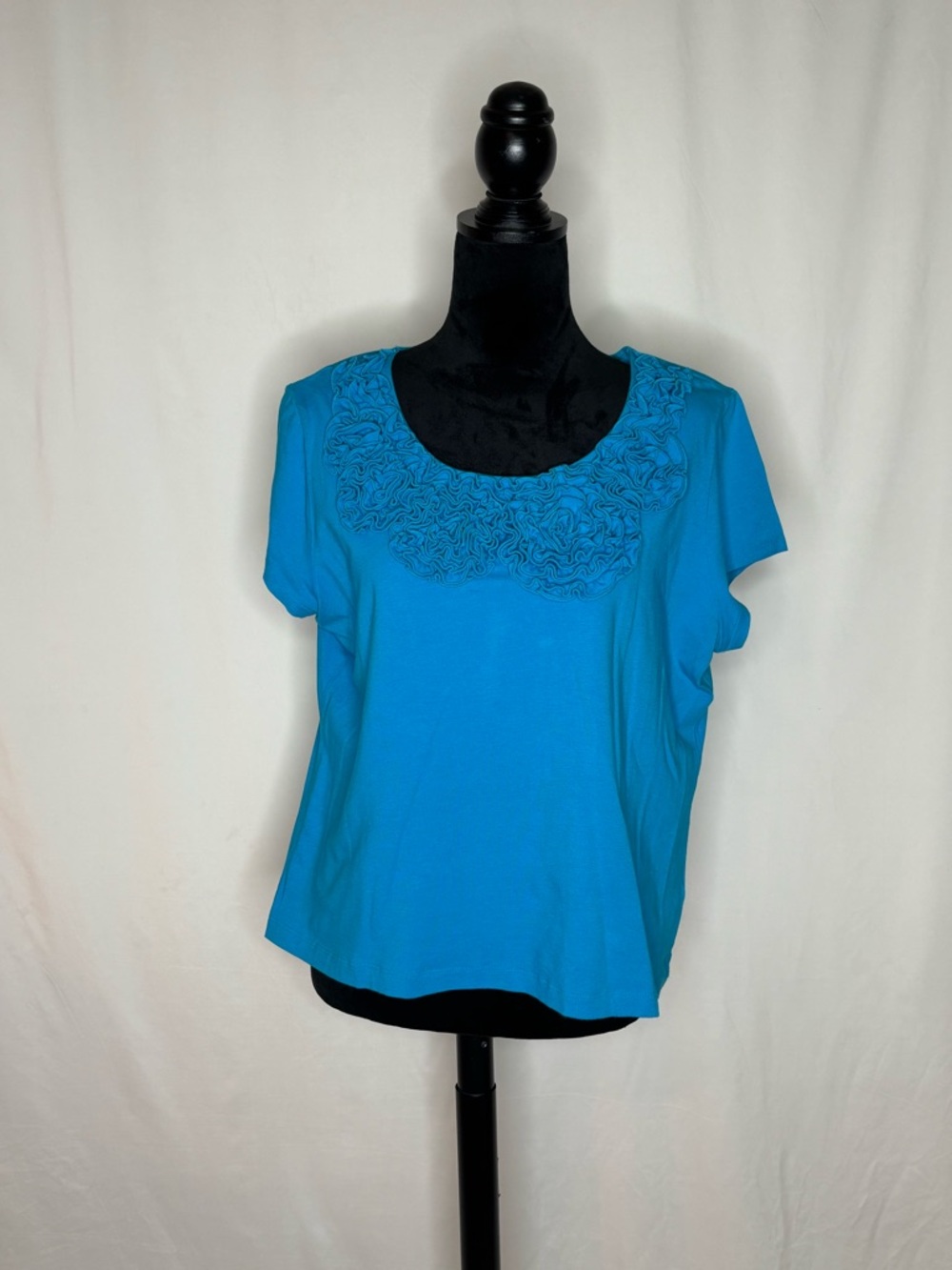 Ruby Rd. Turquoise Short Sleeve Embroidered Neck Top